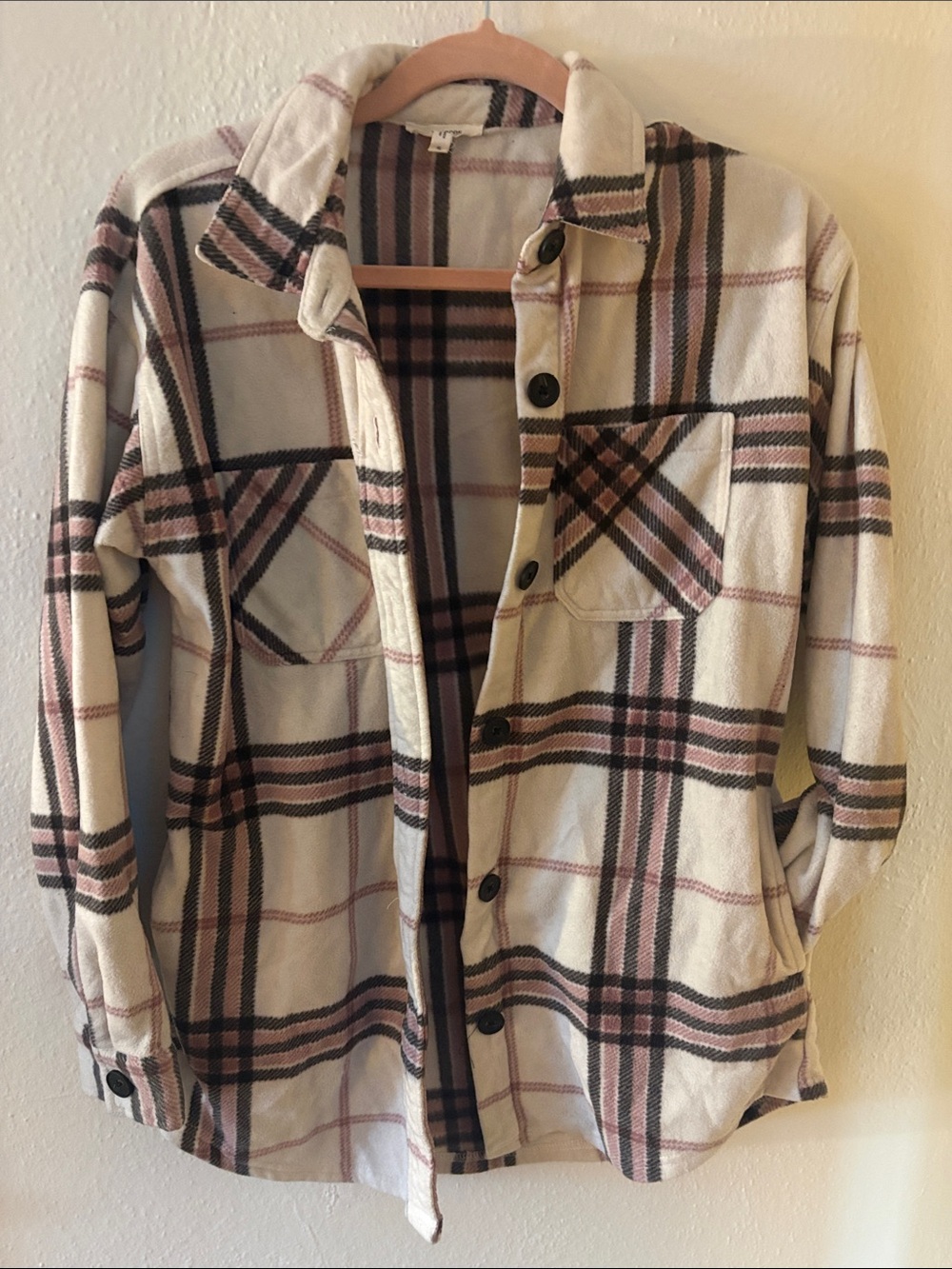 Cream Plaid Button-Up Shacket with Pink & Black Stripes